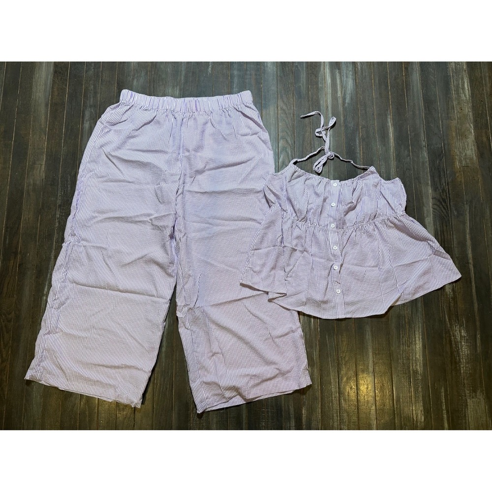 Lavender Seersucker 2 Piece Set Halter Babydoll Top and Wide Leg Pants Purple